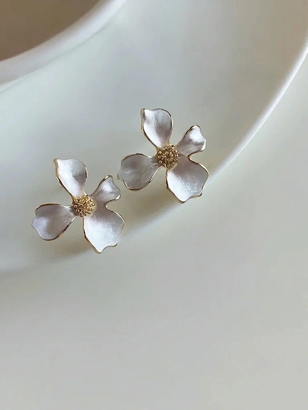 Pearlescent White Blossom Studs | 18K Gold Finish | 925 Sterling Silver Posts